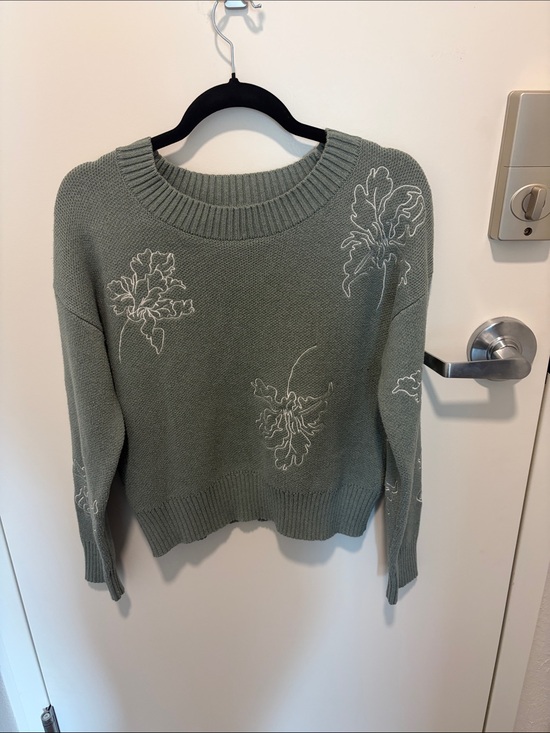 Cynthia Rowley Sweaters - Cynthia Rowley Sage Green Knit Crewneck Sweater with White Floral Embroidery